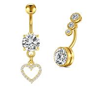Vcmart 2pcs Piercing ombligo oro 10mm acero quirúrgico ombligo botón anillos con corazón diamante colgante Piercing Joyería