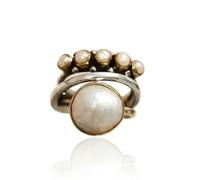 VCODWCSJO Anillo redondo de plata tailandesa retro de tres capas con perlas de imitación de cruz R471-8