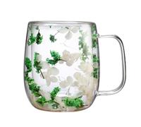VCoffee Mug- Glass Mug Cup With Dried Flower Design For Coffee, Glass Beverage Glasses Tea Mugs For Tea Cappuccino Cold Drink Elegant Transparent Cup Home And Office Use Easy To Work With