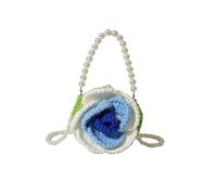 VCSZYAFX Mini bolso de mano con perlas y forma de rosa for mujer, bolso de hombro con cuentas y tejido floral(Blue)