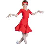 VCSZYAFX Reglas de competencia baile latino Vestido niñas Falda estándar internacional profesional Ropa adecuada para patinaje latino y artístico(Mid sleeve red,170)