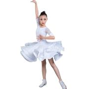 VCSZYAFX Vestido de baile latino for niña, tutú encaje, diseño blanco y negro, ropa escenario, disfraz salsa samba, 130-160 cm Ropa adecuada para patinaje latino y artístico(White,120cm)