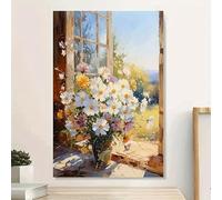Vcvbhbn Cuadro decorativo de pared con ramo de margaritas en una ventana soleada, estilo impresionista, ideal para la decoración de una casa de campo (30x40cm/marco interior).