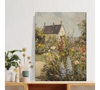 Vcvbhbn Cuadro decorativo de pared estilo casa de campo con jardín de estilo vintage, pintura antigua de una cabaña con flores silvestres para decoración de casas de campo (40x60cm/marco interior)