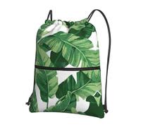 VCzsdff Bonita bolsa con cordón ajustable con estampado de hojas de palma verde, mochila plegable ligera, con bolsillo con cremallera para senderismo