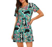 VCzsdff Border Collie - Camisón de manga corta para mujer, diseño floral, Negro, XL