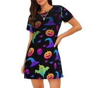 VCzsdff Camisón de manga corta para mujer, diseño de arcoíris, fantasma, bruja, sombrero de bruja, arañas, camisón de manga corta, Negro, S