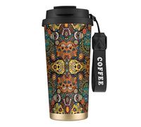 VCzsdff Colorful Sugar Skulls - Vaso de café aislado con tapa a prueba de fugas, taza de viaje de acero inoxidable 316 con correa de mano
