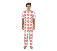 VCzsdff Conjunto de ropa de dormir de manga corta con estampado de beso rojo para hombre, parte inferior larga, cuello redondo, ropa de dormir estampada, Negro, M