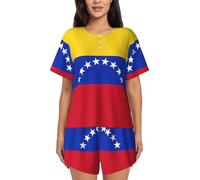 VCzsdff Conjunto de ropa de dormir informal para mujer, diseño de bandera de Venezuela, pijama de manga corta, suave con botones y pantalones cortos elásticos con bolsillos laterales, Negro, 3XL
