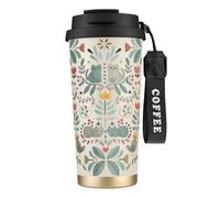 VCzsdff Funny Cats Birds and Flowers - Vaso de café aislado con tapa a prueba de fugas, taza de viaje de acero inoxidable 316 con correa de mano