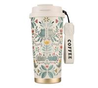 VCzsdff Funny Cats Birds and Flowers - Vaso de café aislado con tapa a prueba de fugas, taza de viaje de acero inoxidable 316 con correa de mano