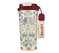 VCzsdff Funny Cats Birds and Flowers - Vaso de café aislado con tapa a prueba de fugas, taza de viaje de acero inoxidable 316 con correa de mano