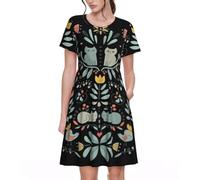 VCzsdff Funny Cats Birds and Flowers - Vestido acampanado para mujer, con bolsillos, vestido casual de primavera de manga corta para el trabajo, viajes, fin de semana, Negro, 3XL