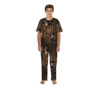 VCzsdff Gears Clock - Conjunto de ropa de dormir de manga corta para hombre con estampado de bronce y cuello redondo, Negro, S
