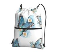 VCzsdff Mochila con cordón ajustable con estampado de mariposa azul en flor, mochila plegable ligera, con bolsillo con cremallera para senderismo