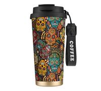 VCzsdff Sugar and Skulls - Vaso de café aislado con tapa a prueba de fugas, taza de viaje de acero inoxidable 316 con correa de mano