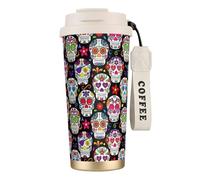 VCzsdff Sugar Skulls - Vaso de café aislado con tapa a prueba de fugas, taza de viaje de acero inoxidable 316 con correa de mano
