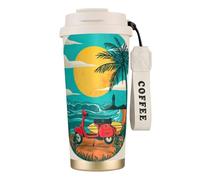VCzsdff Sunset Beach Palm Tree - Vaso de café aislado con tapa a prueba de fugas, taza de viaje de acero inoxidable 316 con correa de mano
