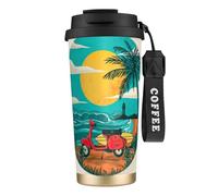VCzsdff Sunset Beach Palm Tree - Vaso de café aislado con tapa a prueba de fugas, taza de viaje de acero inoxidable 316 con correa de mano
