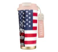 VCzsdff Vaso de café aislado con la bandera de Estados Unidos y la paz hippie con tapa a prueba de fugas, taza de viaje de acero inoxidable 316 con correa de mano