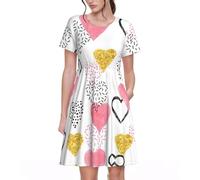 VCzsdff Vestido acampanado con bolsillos y corazones dorados y rosados para mujer, vestido casual de manga corta para el trabajo, viajes, fin de semana, Negro, XL