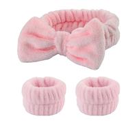 Vdaxvme 1 juego de diadema elástica para mujer, diadema y muñequera con lazo de felpa para lavar la cara, maquillaje en casa