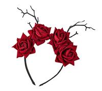 Vdaxvme Diadema de calavera, coronas de flores rosas, diadema para el día de los muertos, tiaras y coronas de Halloween, diadema gótica de calavera para Halloween