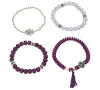 Vdaxvme Juego de 4 pulseras bohemias con ojo malvado para mujer con colgante de borla de mano de Fátima de cristal y cadena de perlas de piedra, pulsera de vacaciones en la playa, talla única, como se