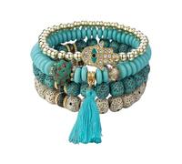 Vdaxvme Juego de 4 pulseras bohemias con ojo malvado para mujer con colgante de borla de mano de Fátima de cristal y cadena de perlas de piedra, pulsera de vacaciones en la playa, talla única, como se