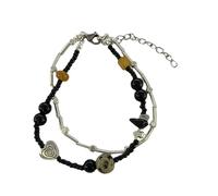 Vdaxvme Moderna pulsera de perlas de doble capa, pulsera con colgante de corazón de amor, pulsera de moda para mujer, pulsera vintage con perlas blancas y negras, talla única, como se describe