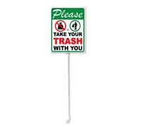 Vdenvileye Letrero de aluminio inoxidable con estaca, con texto en inglés "Please Take Your Trash With You", 20 x 30 cm, decoración de césped para exteriores, carretera, calle, jardín