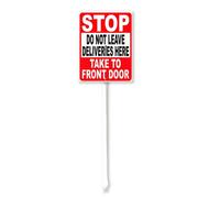 Vdenvileye Letrero de aluminio inoxidable con estaca Stop Do Not Leave Deliveries Here Take to Front Door Yard con estaca, 11,5 x 15 cm, decoración de césped de aluminio inoxidable para decoración al