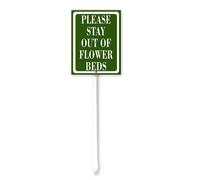 Vdenvileye Letrero de aluminio inoxidable para decoración de césped con estaca, 17,5 x 22 cm, con texto en inglés "Please Stay Out Of Flower Beds"