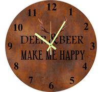 Vdenvileye Reloj de madera rústico con ciervo y cerveza me hace feliz regalos de caza para hombre, 25 x 25 cm, reloj silencioso sin tictac, funciona con pilas, cabaña, hombre, cueva, decoración de