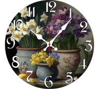 Vdenvileye Reloj de pared de 10 pulgadas, funciona con pilas, vintage, redondo, de madera, decoración de florero, reloj de pared silencioso para decoración del hogar, cocina, oficina