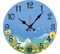 Vdenvileye Reloj de pared para dormitorio, reloj redondo de madera silencioso de 30,5 cm, silencioso, sin tictac, guiñando un ojo de gato entre dientes de león, relojes decorativos para sala de estar