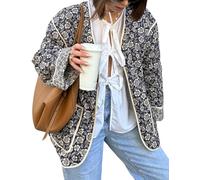 VDWIP - chamarra acolchada ligera y acolchada para mujer, chamarra floral recortada de manga larga, abrigada hinchada, chamarra 2024, otoño a la moda, marino, M