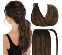 Ve Sunny Extensión de cola de caballo de cabello humano real para mujer, extensiones de cabello lacio, envolvente, mezcla de marrón oscuro, marrón medio, reflejos marrones, balayage, 14 pulgadas, 80 g