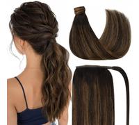 Ve Sunny Extensión de cola de caballo de cabello humano real para mujer, extensiones de cabello lacio, envolvente, mezcla de marrón oscuro, marrón medio, reflejos marrones, balayage, 14 pulgadas, 80 g
