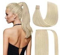 Ve Sunny Extensión de cola de caballo de cabello humano rubio, 80 g, clip en cola de caballo, cabello humano rubio pltinum, extensión de cola de caballo, color blanco, se puede teñir, pelo corto de 22