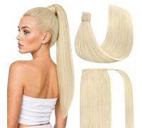 Ve Sunny Extensión de cola de caballo de cabello humano rubio, 80 g, clip en cola de caballo, cabello humano rubio pltinum, extensión de cola de caballo, color blanco, se puede teñir, pelo corto de 20