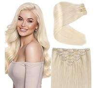 Ve Sunny Extensiones de cabello humano real rubio platino con clip, extensiones de cabello humano con clip, extensiones de cabello blanco para mujer, uso diario, se pueden teñir, 120 g, 7 unidades, 16