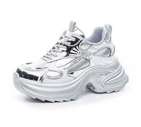 VEACAM Zapatillas Ocultas de cuña para Mujeres y niñas de Cuero, Casuales, con Cordones, Antideslizantes, cómodas, de Plataforma, Aumentan la Moda, Zapatos de Caminar,Plata,36 EU