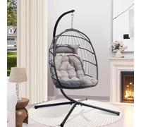 Veathzet Silla Colgante de Jardín, Sillas Tipo Huevo para Interior y Exterior, Silla Hamaca Plegable de Ratán con Cojín Reposacabezas para Patios,Jardines, Dormitorios y Balcones