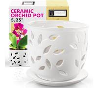 Maceta y platillo de cerámica para orquídeas de 5.25 Pulgadas, Atractivo diseño Floral para macetas de orquídeas con Agujeros, tamaño grande Decorativo, fácil trasplante de Plantas, circulación de