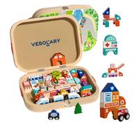 VEBOLARY Ciudad para armar, 50 Piezas, Bomberos, Policia, Hospital, Museo, Trenes y Autos, Madera, Juguete niño, niños, 3 años, 4 años, Desarrollo cognitivo, Madera