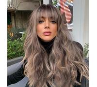 VEBONNY Ombre Brown Wigs with Bangs, Mixed Blonde wigs with Bangs, Long Wavy Wig for Women, Realistic Looking Synthetic Hair Wigs 22 inch VEBONNY-168