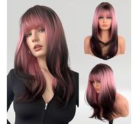 VEBONNY Peluca Rosa y Marrón Con Flequillo, Balayage Rosa Sobre Pelo Lacio Natural, Pelucas Degradadas en Capas Sintéticas de Raíz Chocolate