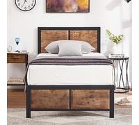 VECELO Base de Cama de Plataforma Individual con cabecero de Madera rústica Vintage, Base de colchón, Soporte de Listones de Metal Fuerte, no Necesita somier